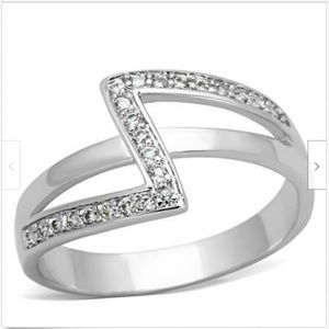 Silver Art Deco Cocktail Ring Size 6 7 9 Cubic Zirconia Rhodium Plated Geometric